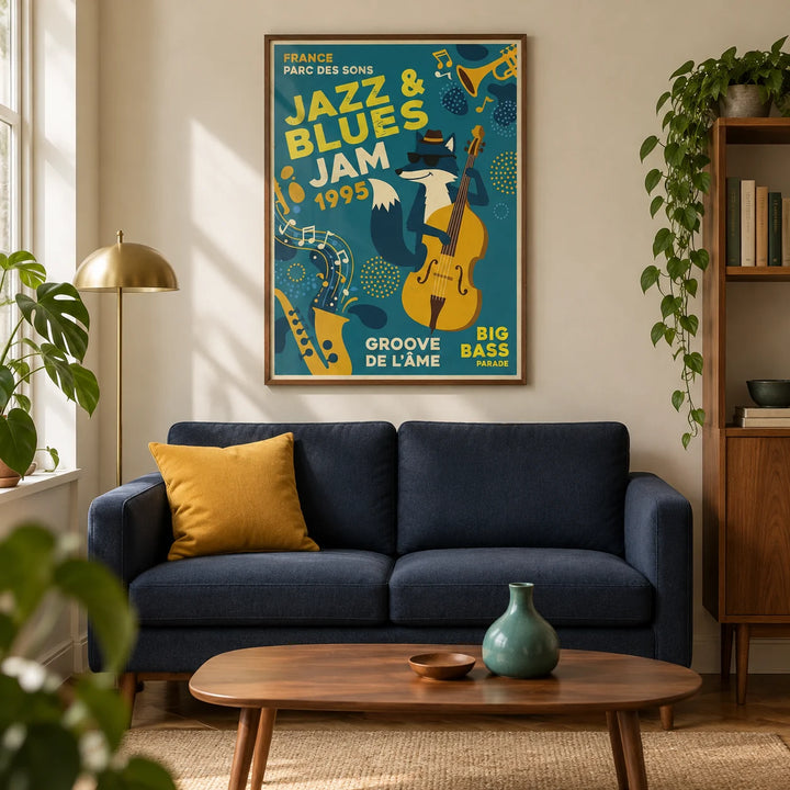Blues Concert Print, framed on the wall of a retro modern living room in a UK city flat with warm cream walls and walnut floorboards