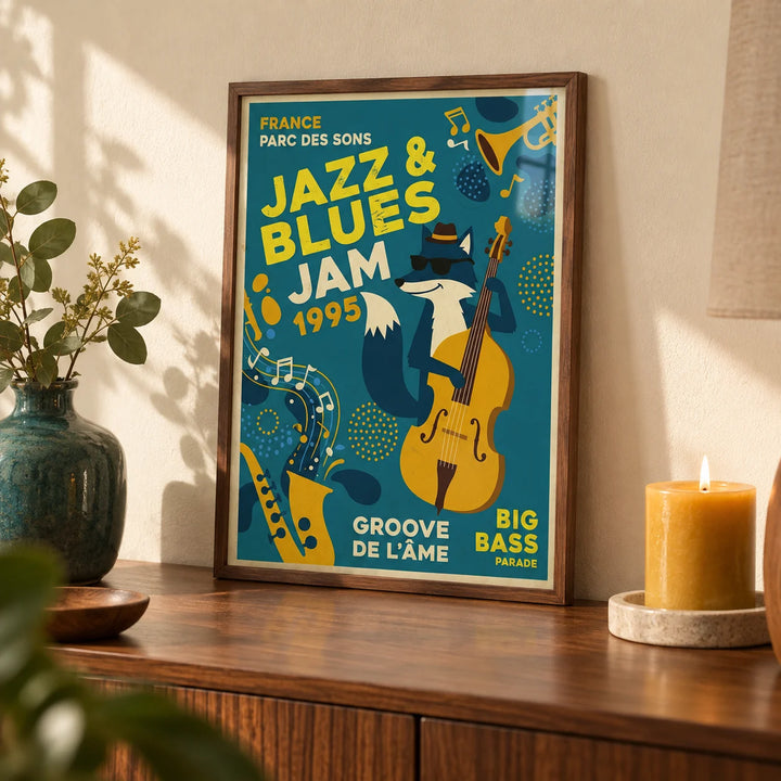 Blues Concert Print, a small A4 framed print leaning on a walnut sideboard in a living room