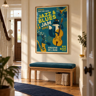 Blues Concert Print, framed on the wall of a welcoming hallway in a Victorian terrace with warm cream plaster walls and honey-coloured floorboards