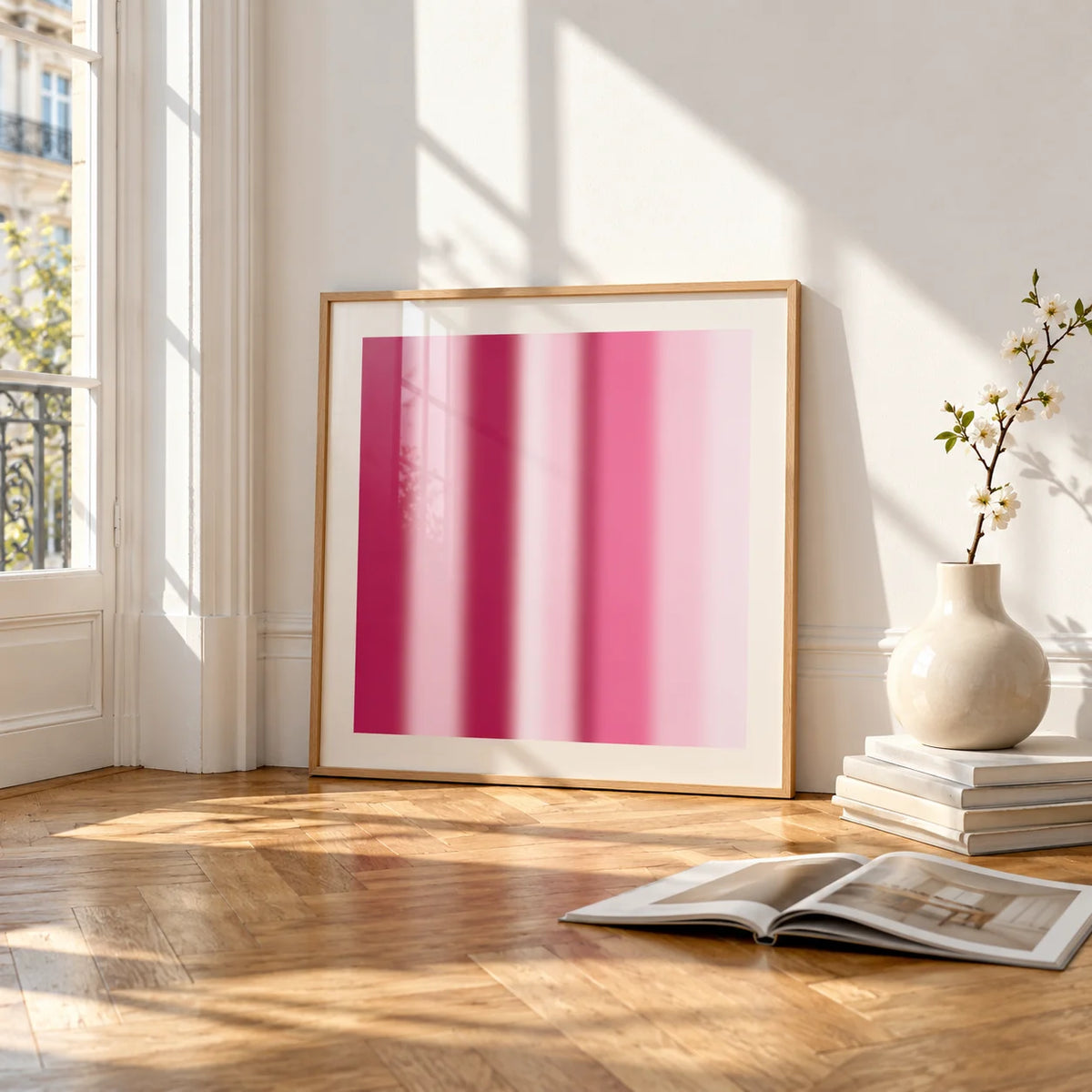 Blurred Print, framed and leaning on the parquet floor of a bright living room