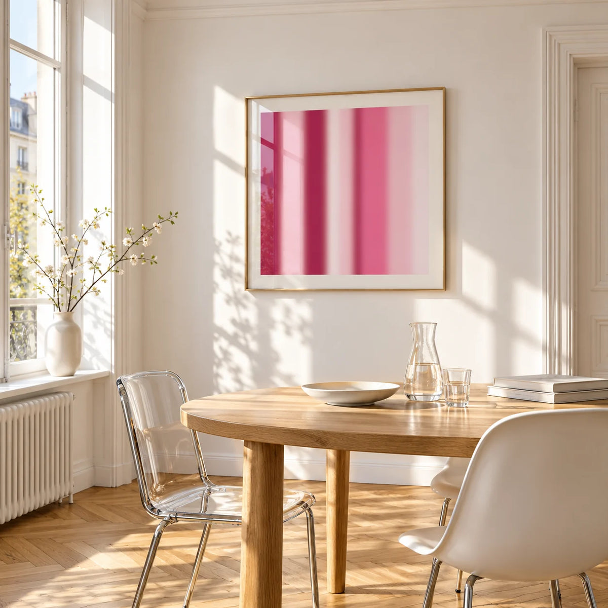 Blurred Print, framed on the wall of a bright dining corner
