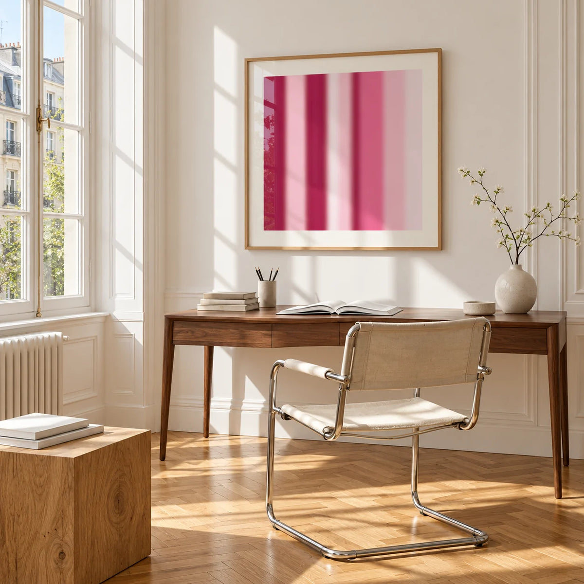 Blurred Print, framed on the wall of a bright study corner with a tall white paned window