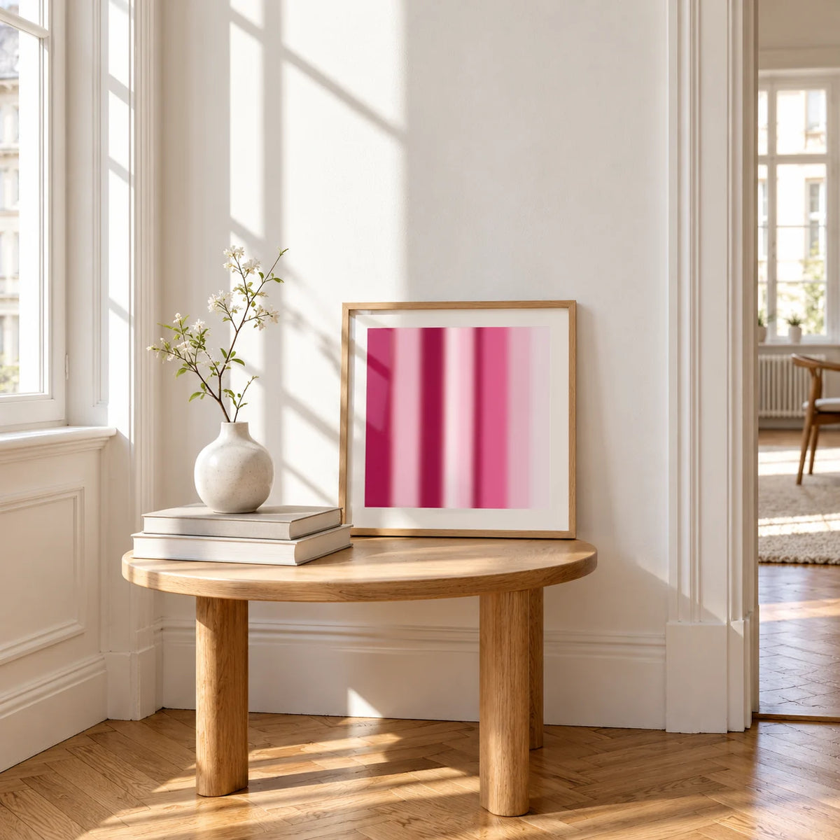 Blurred Print, a small square framed print leaning on a small solid oak side table