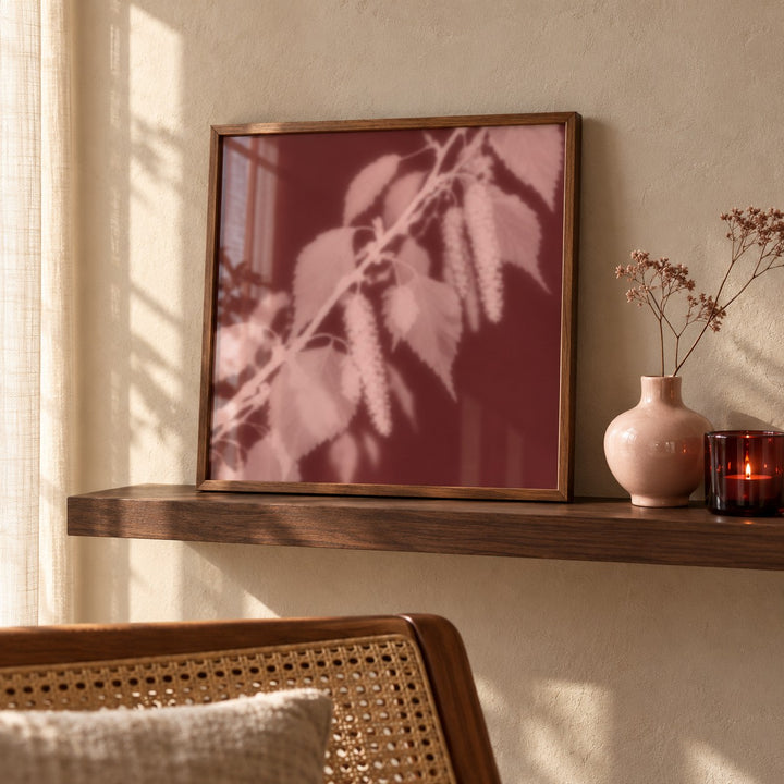 Blush Birch Print styled on a shelf against a green wall (frame not included)