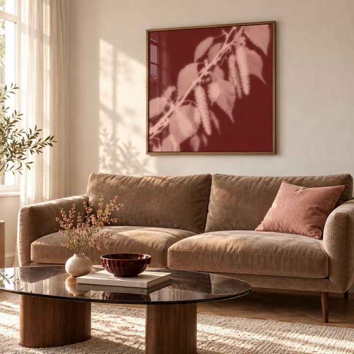 Blush Birch Print styled in a living room (frame not included)
