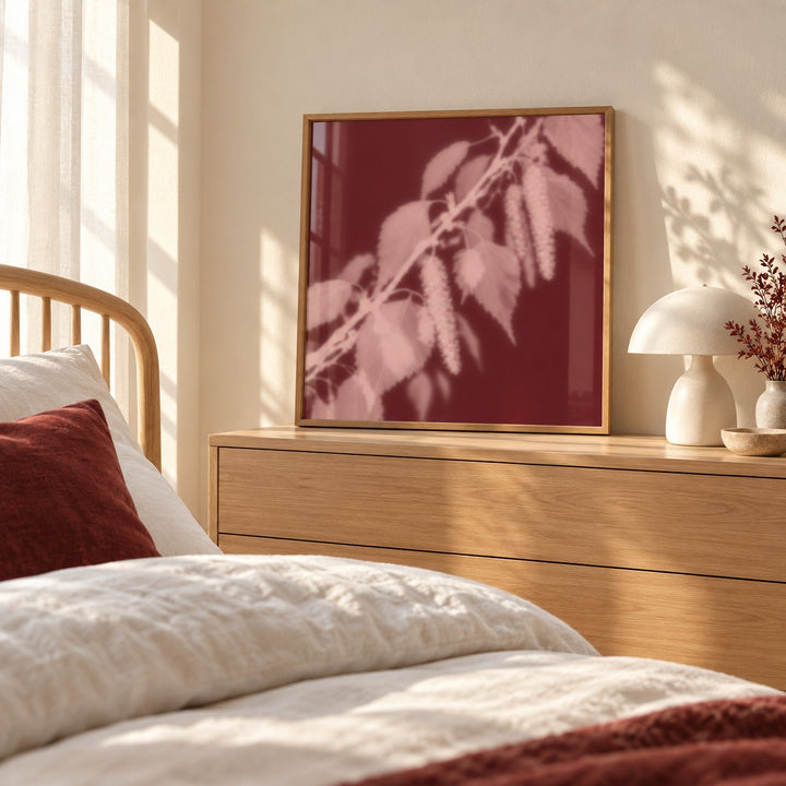 Blush Birch Print styled in a bedroom (frame not included)