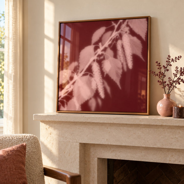 Blush Birch Print styled on a mantelpiece (frame not included)