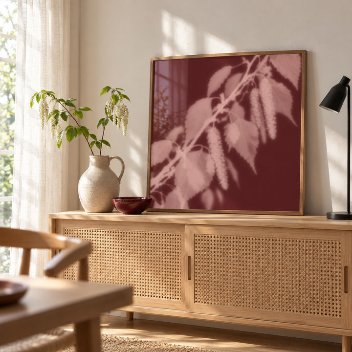 Blush Birch Print styled on a black sideboard (frame not included)
