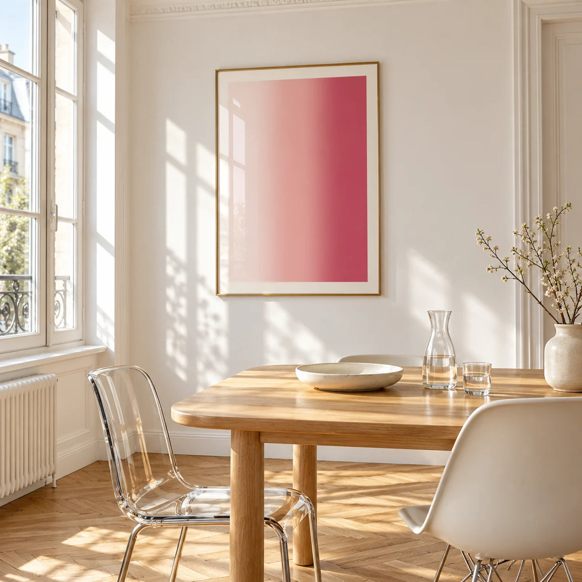 Blush Pink Wall Art, framed on the wall of a bright dining corner