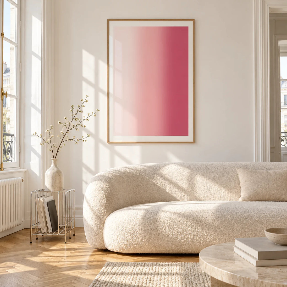 Blush Pink Wall Art, framed on the wall of a bright living room corner