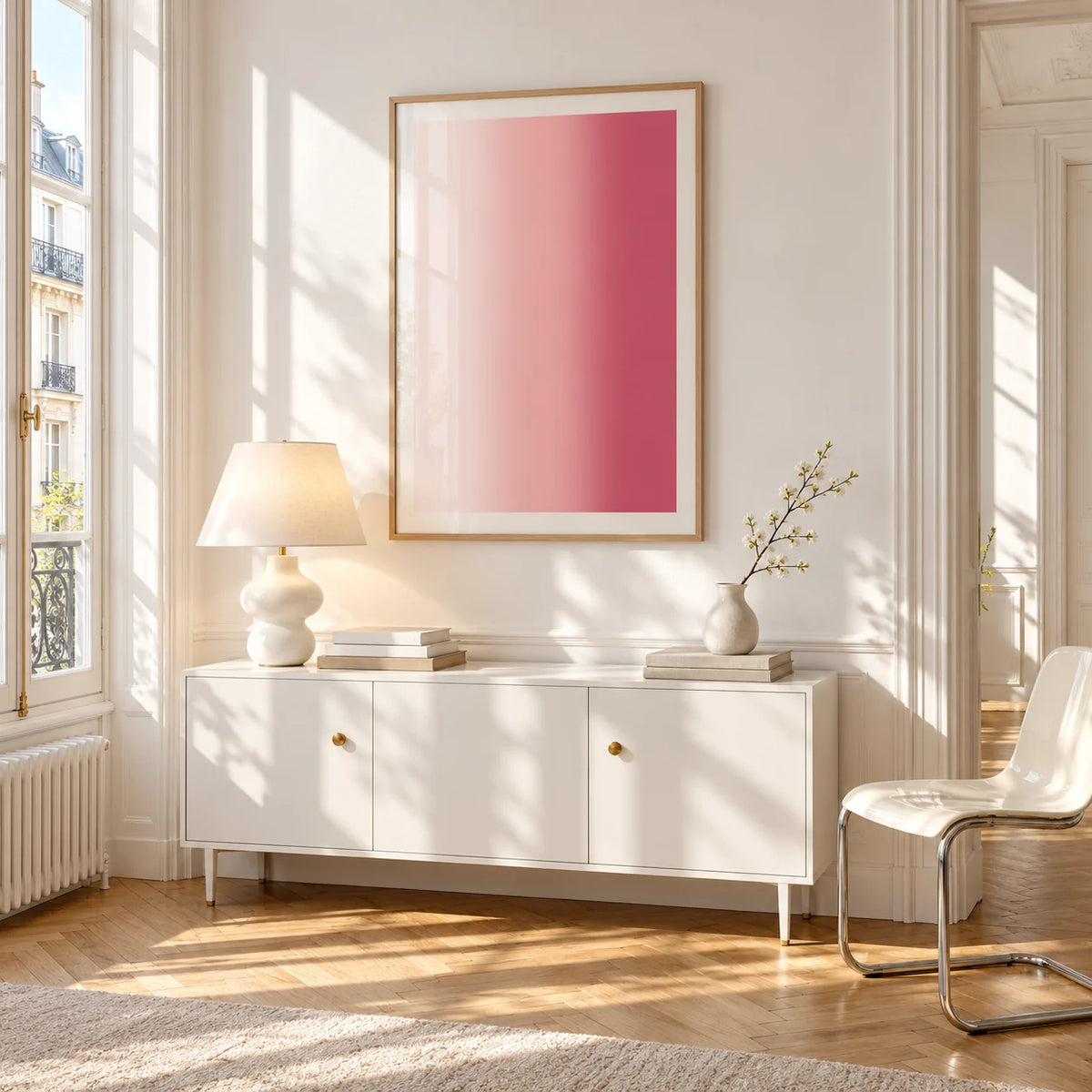 Blush Pink Wall Art, framed on the wall of a bright Paris style apartment in a living room