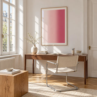 Blush Pink Wall Art, framed on the wall of a bright study corner with a tall white paned window