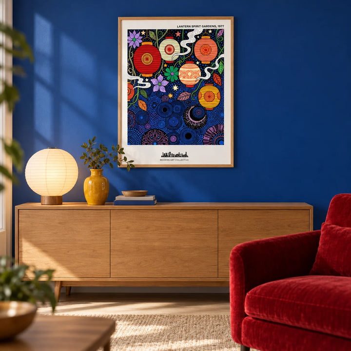 Bohemian Lantern Poster, framed on the wall of a calm living room with one deep cobalt blue painted wall