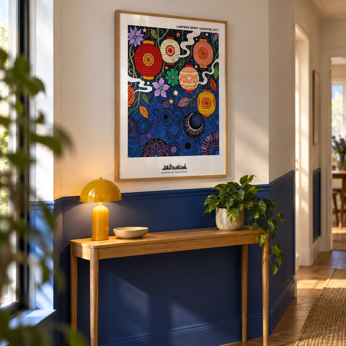 Bohemian Lantern Poster, framed on the wall of a hallway with a cobalt blue painted lower wall and a white upper wall