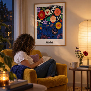 Bohemian Lantern Poster, framed on the wall of a reading nook at night in a living room