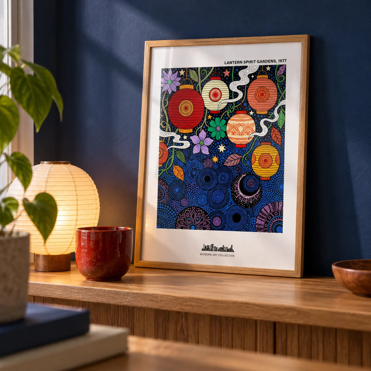 Bohemian Lantern Poster, a small A4 framed print leaning on an oak shelf in a living room