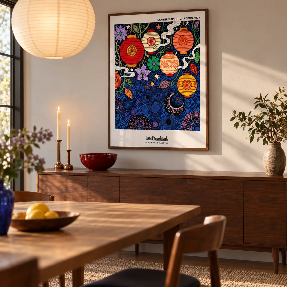 Bohemian Lantern Poster, framed on the wall of a warm dining room