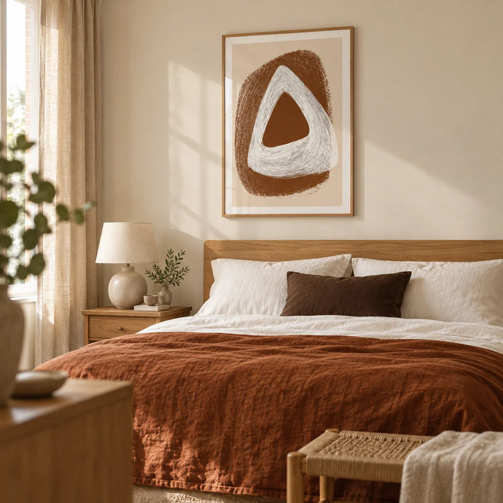 Boho Geometric Art Print, framed on the wall of a calm adult bedroom in a renovated UK terrace with pale beige walls and natural linen curtains