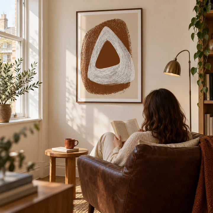 Boho Geometric Art Print, framed on the wall of a quiet reading corner in a UK first home with a warm white wall and a tall window in a living room