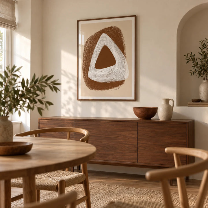 Boho Geometric Art Print, framed on the wall of a relaxed modern dining room in a UK flat with warm white plaster walls and a shallow arched alcove