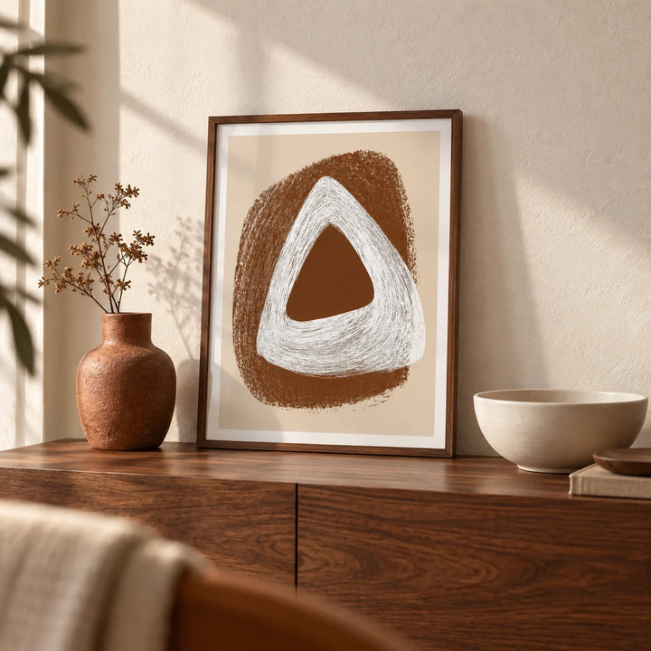 Boho Geometric Art Print, a small A4 framed print leaning on a walnut side table in a hallway
