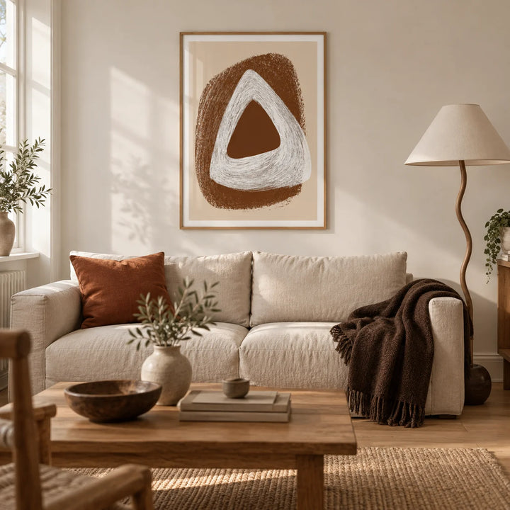 Boho Geometric Art Print, framed on the wall of a warm contemporary living room in a UK terraced house with chalky off-white walls