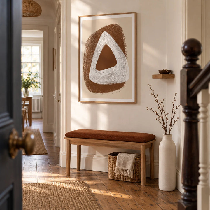 Boho Geometric Art Print, framed on the wall of a welcoming narrow hallway in a UK Victorian terrace with warm white walls and restored timber floorboards