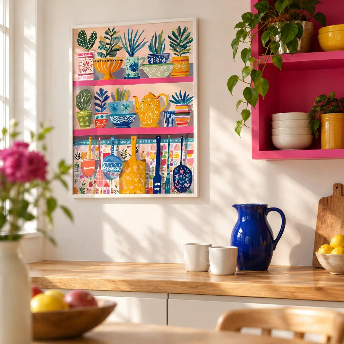 Boho Kitchen Print, framed on the wall of a bright kitchen with a plain warm white wall