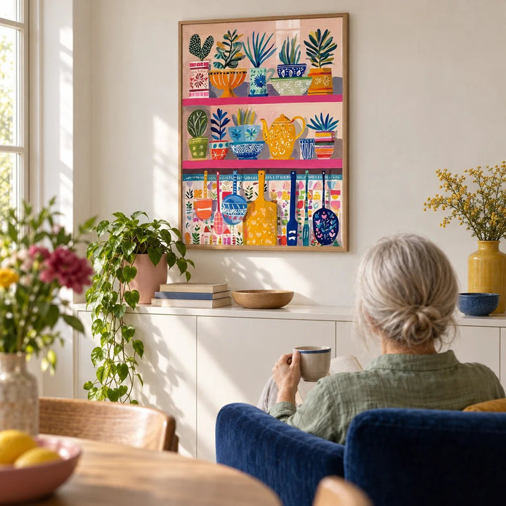 Boho Kitchen Print, framed on the wall of a the dining corner of a bright living room