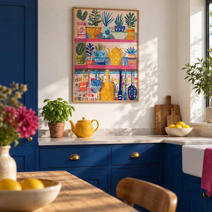 Boho Kitchen Print, framed on the wall of a modern kitchen with solid cobalt blue cabinets and a plain white wall