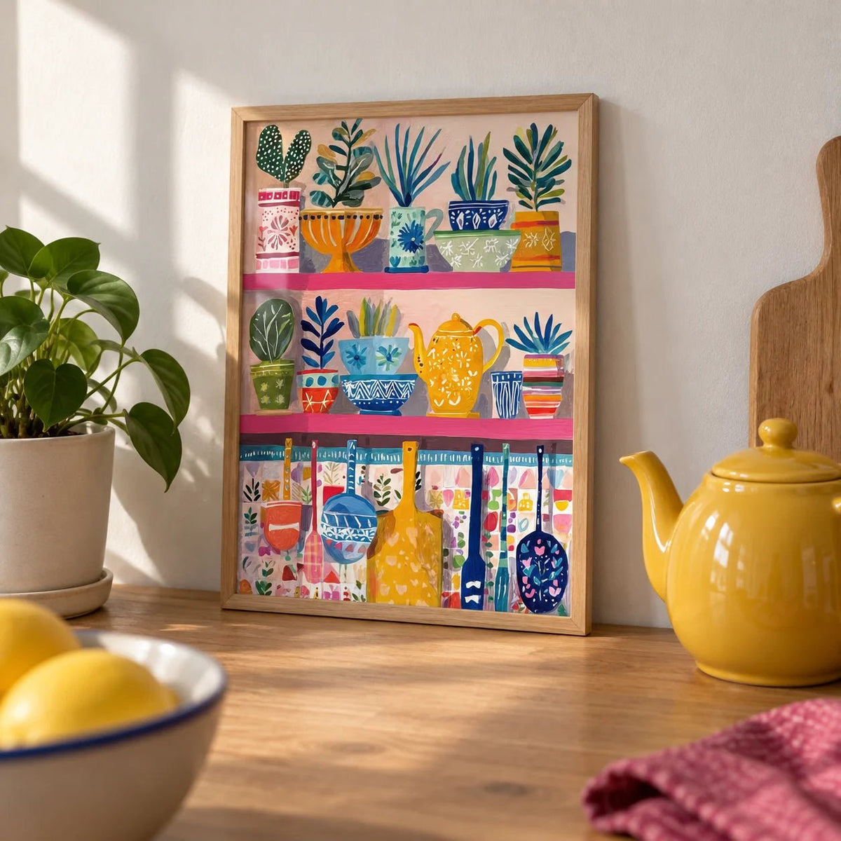 Boho Kitchen Print, a small A4 framed print leaning on an oak worktop