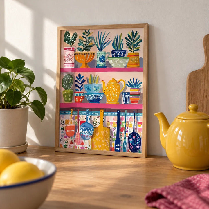 Boho Kitchen Print, a small A4 framed print leaning on an oak worktop