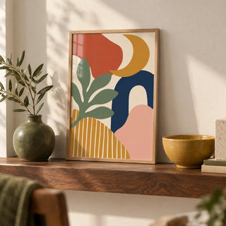 Boho Wall Art, a small A4 framed print leaning on a walnut shelf in a living room