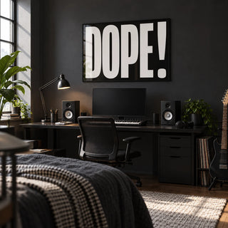 Bold Font Poster, framed on the wall of a bedroom music studio with a charcoal wall