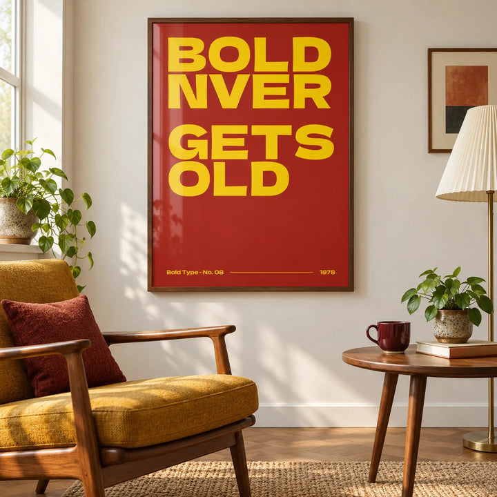 Bold Font Poster, framed on the wall of a mid-century reading nook in a living room