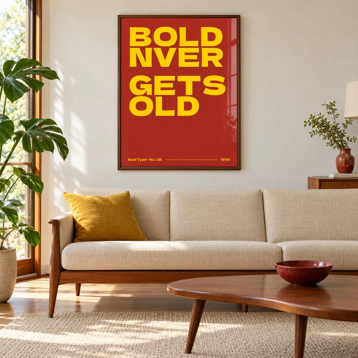 Bold Font Poster, framed on the wall of a mid-century teak lounge