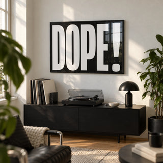 Bold Font Poster, framed on the wall of a music corner in a first flat with a white wall in a living room