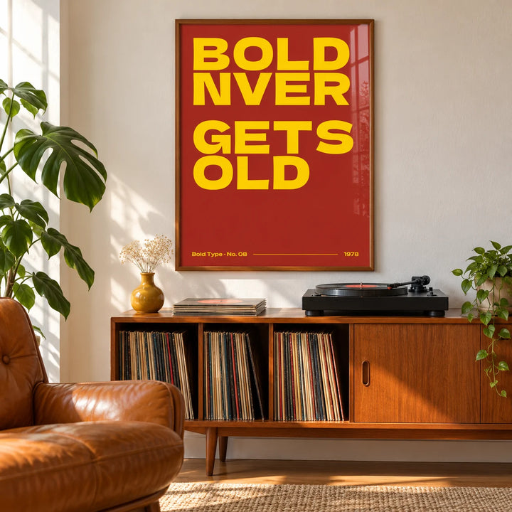 Bold Font Poster, framed on the wall of a retro record room