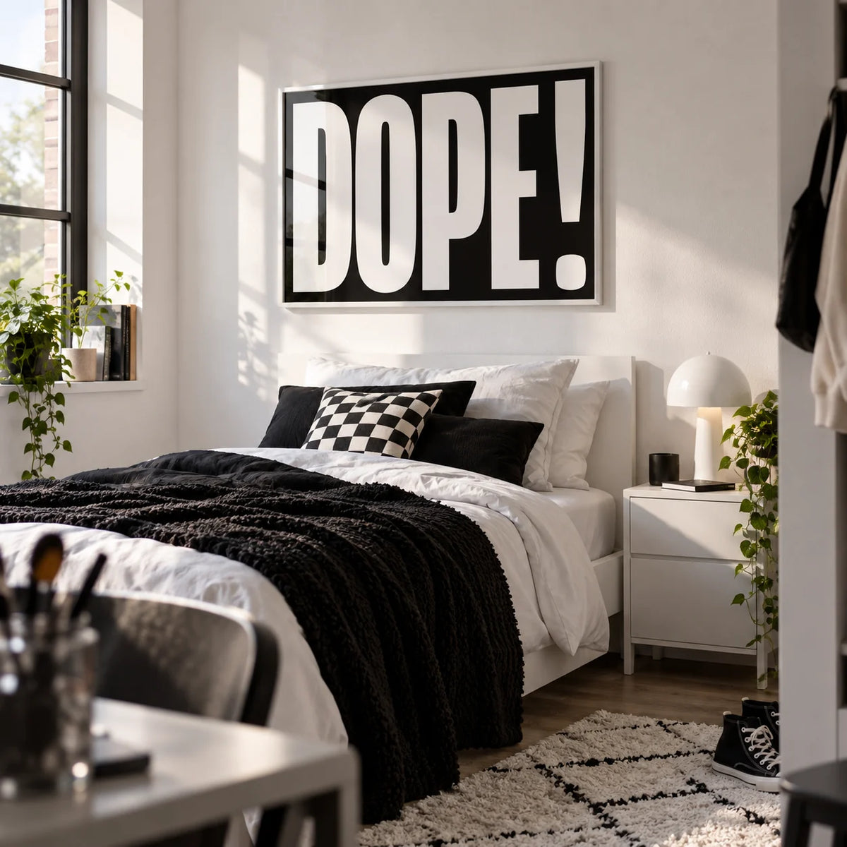 Bold Font Poster, framed on the wall of a stylish single bedroom for an older teenage girl (16-19) with a white wall