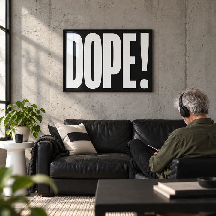 Bold Font Poster, framed on the wall of a young man's city flat living room (22-30) with a concrete wall