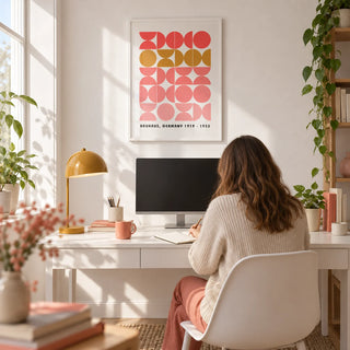 Bold MCM Wall Art, framed on the wall of a bright home office with a white wall