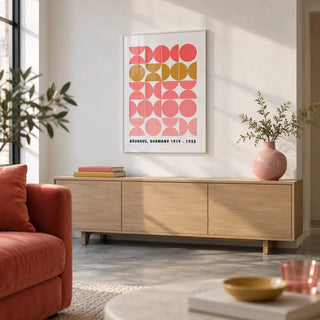 Bold MCM Wall Art, framed on the wall of a design-led city-flat living room with a white wall and polished concrete