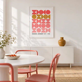 Bold MCM Wall Art, framed on the wall of a modern dining room with a crisp white wall and a pale oak floor