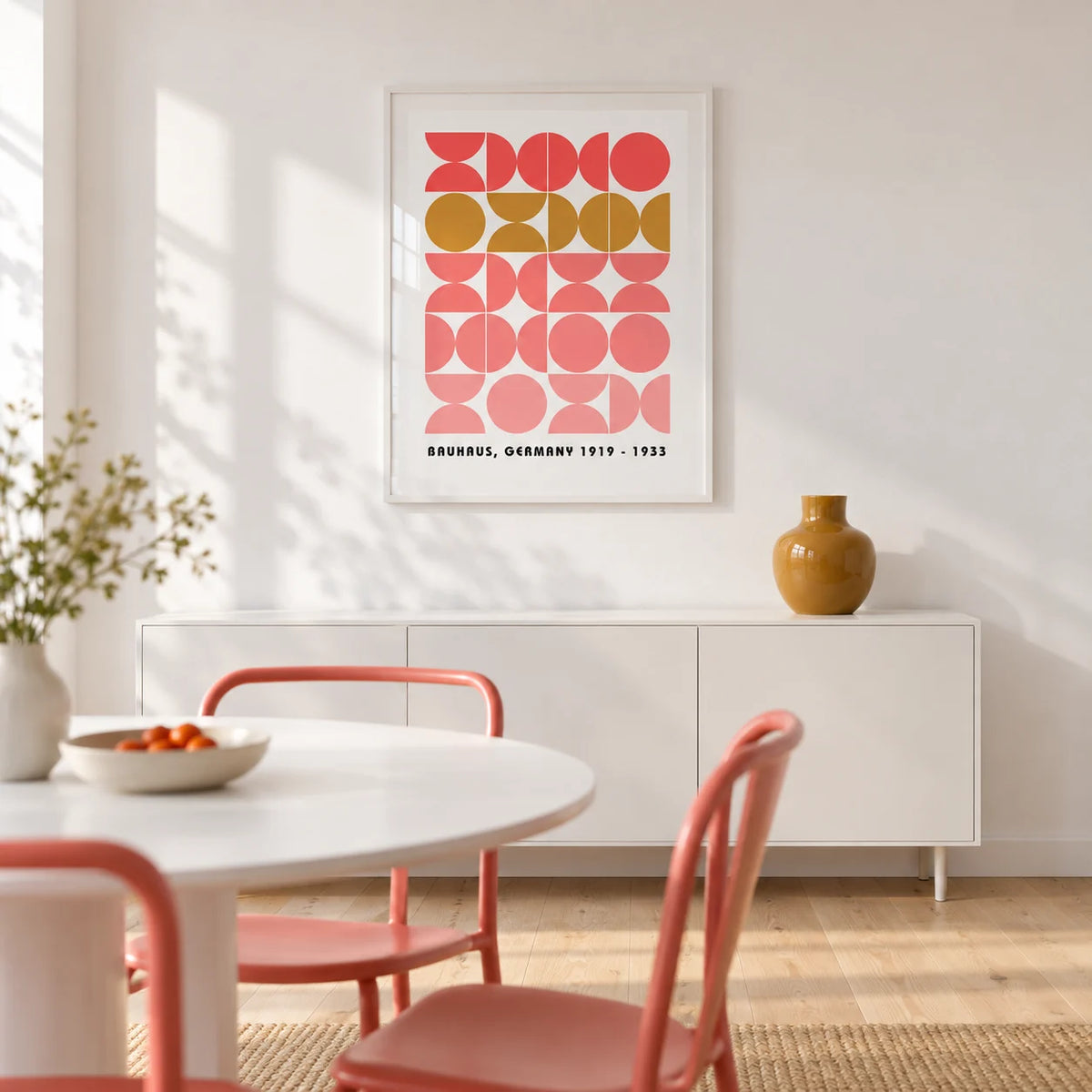 Bold MCM Wall Art, framed on the wall of a modern dining room with a crisp white wall and a pale oak floor