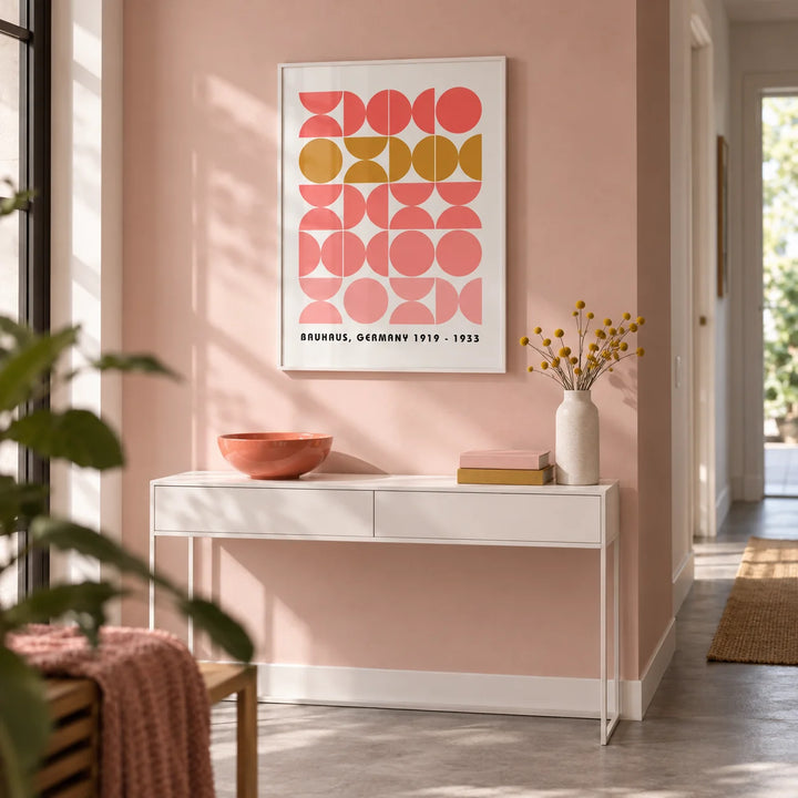 Bold MCM Wall Art, framed on the wall of a modern hallway with a soft blush pink painted wall and a pale grey floor
