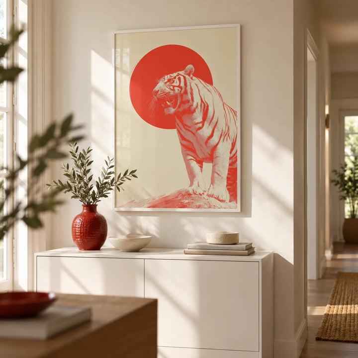 Bold Tiger Wall Art, framed on the wall of a bright hallway with a warm white wall
