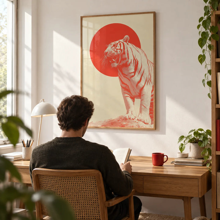 Bold Tiger Wall Art, framed on the wall of a bright home study with a white wall