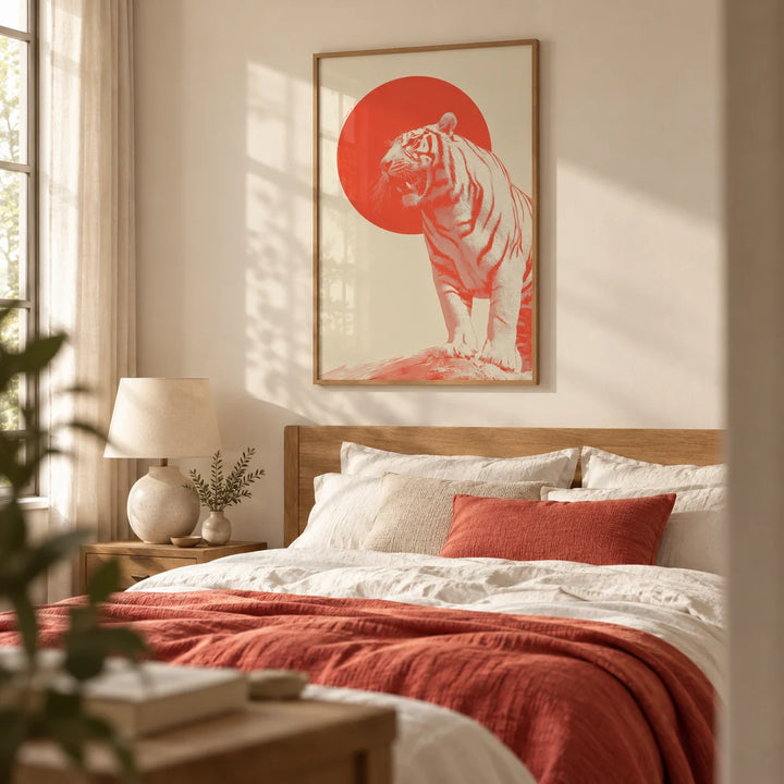 Bold Tiger Wall Art, framed on the wall of a calm bedroom with a warm ivory wall