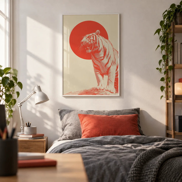 Bold Tiger Wall Art, framed on the wall of an older teenager's bedroom (15-17) with a white wall