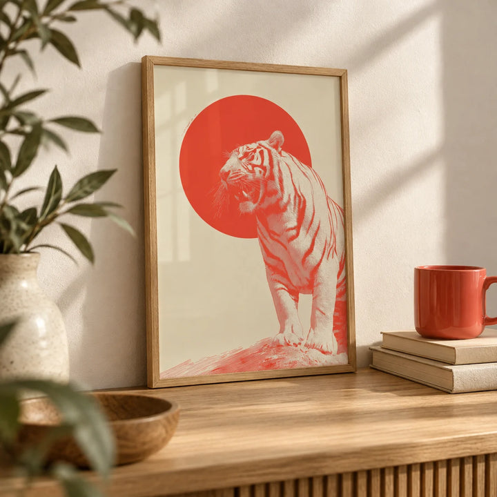 Bold Tiger Wall Art, a small A4 framed print leaning on an oak shelf in a living room